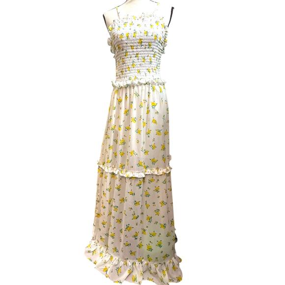 Betsey Johnson Dresses & Skirts - Betsey Johnson Maxi Dress Yellow Floral Smocked Size 6 White Ruffle Tiered